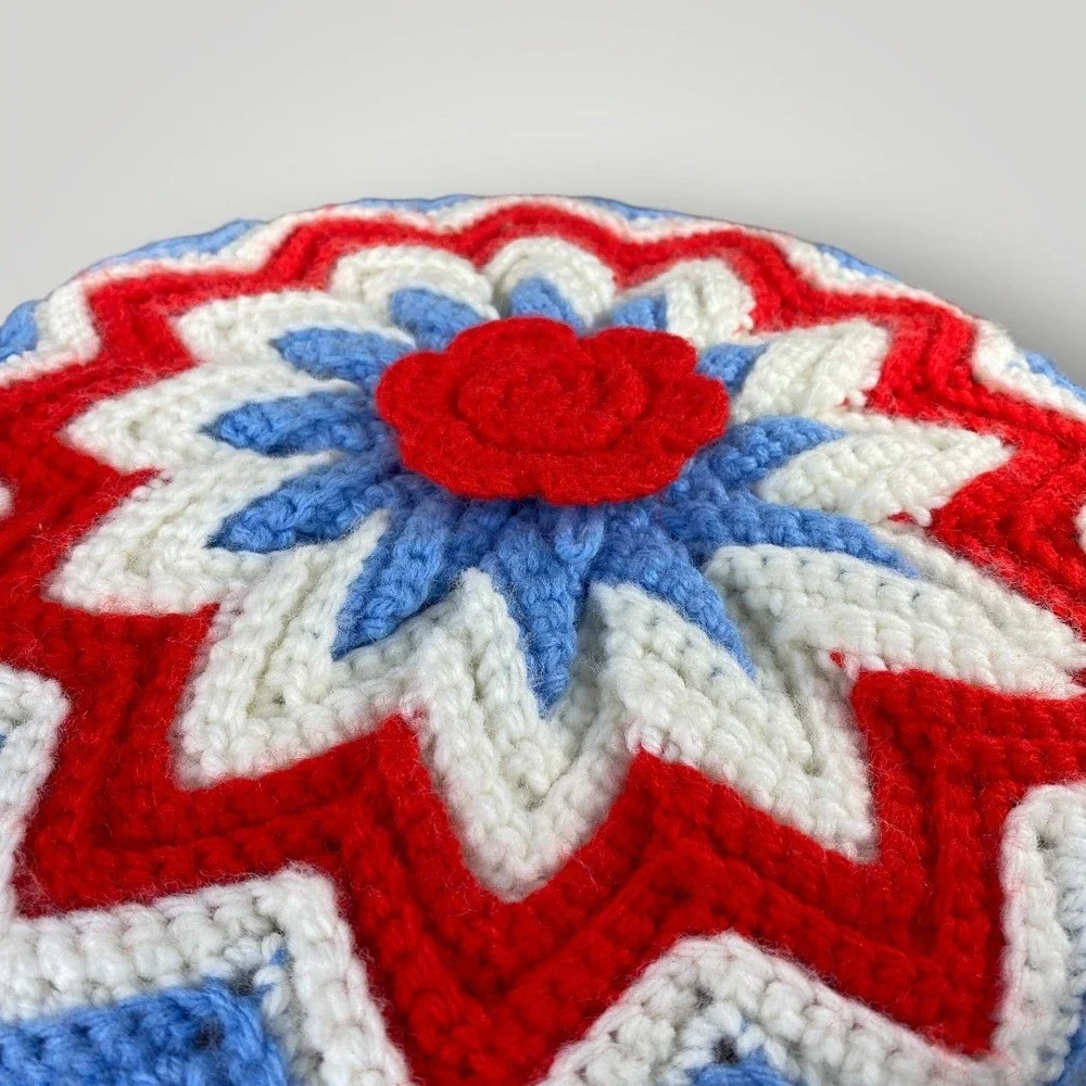 Crochet Flower Pillow Red White Blue Bicentennial Decor Handmade July 4 1970s